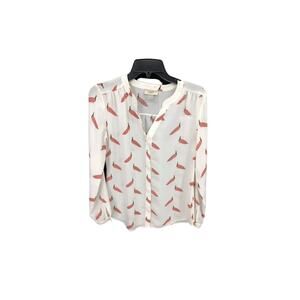 Ann Taylor Loft Shirt Womens M Ivory Pink Peacock Print Long Sleeve Chiffon